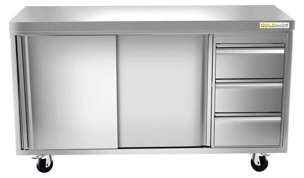 Nízká nerezová skříňka rozměrů 2000 x 700 mm se 3 zásuvkami na pravé straně, s kolečky, řada PREMIUM - GOLDINOX