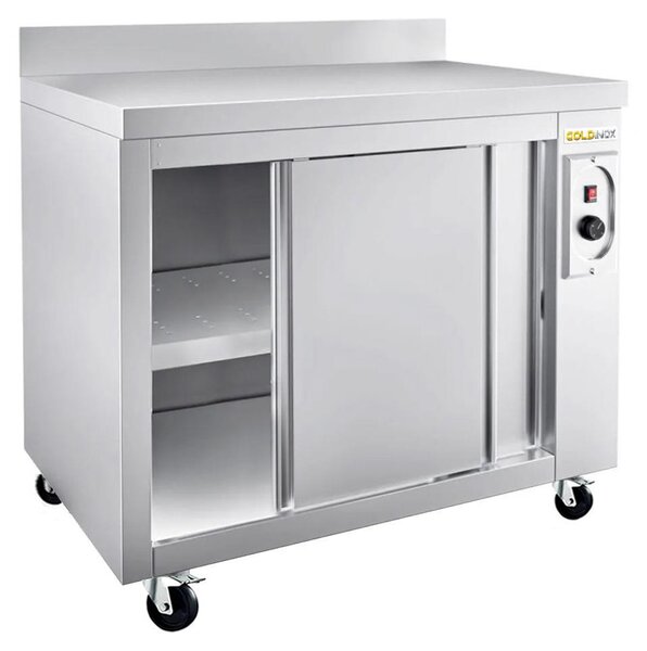 Nízká, nerezová, vyhřívaná skříňka rozměrů 1200 x 700 mm, s podvozkem a kolečky, PREMIUM - GOLDINOX