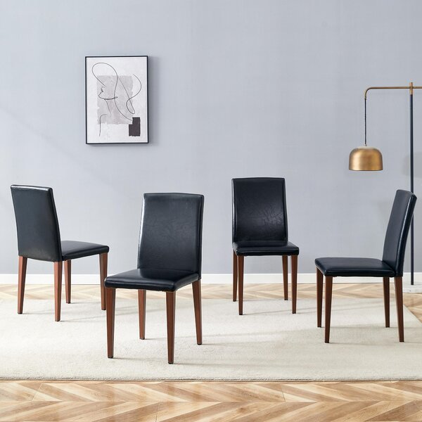 Jídelní židle, sada 4 kusů, minimalistický design, potah z umělé kůže (PU), kovové nohy, vzhled dřeva (ořech + černá)