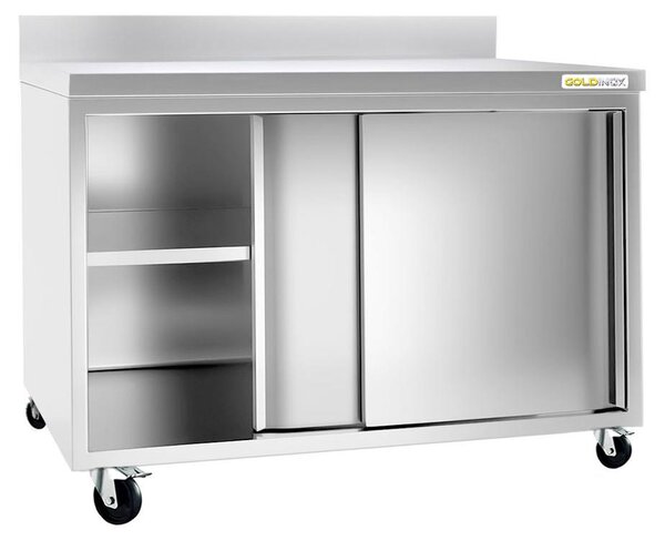 Nízká nerezová skříňka rozměrů 1400 x 700 mm, bez zadní stěny, s kolečky – PREMIUM – GOLDINOX