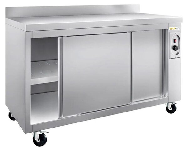 Nízká, nerezová, vyhřívaná skříňka rozměrů 1400 x 700 mm s podvozkem a kolečky – PREMIUM – GOLDINOX