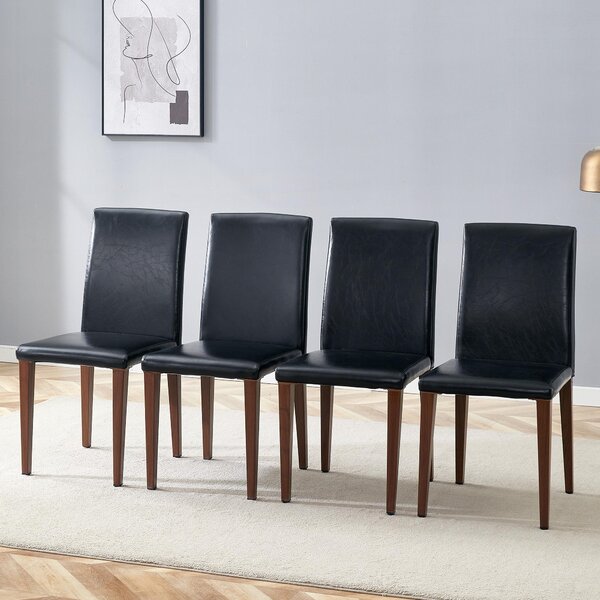 Jídelní židle, sada 4 kusů, minimalistický design, potah z umělé kůže (PU), kovové nohy, vzhled dřeva (ořech + černá)