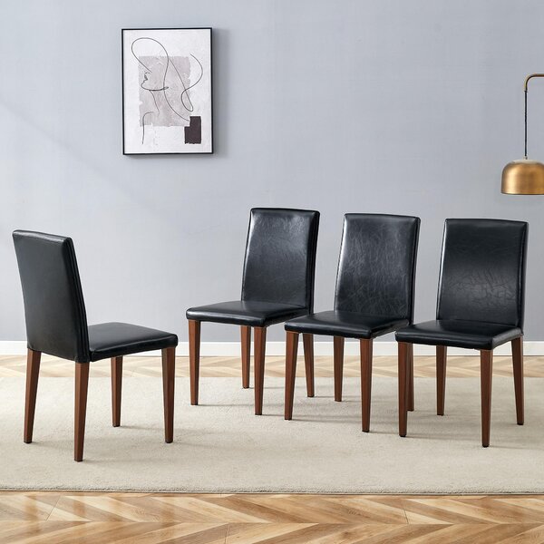 Jídelní židle, sada 4 kusů, minimalistický design, potah z umělé kůže (PU), kovové nohy, vzhled dřeva (ořech + černá)