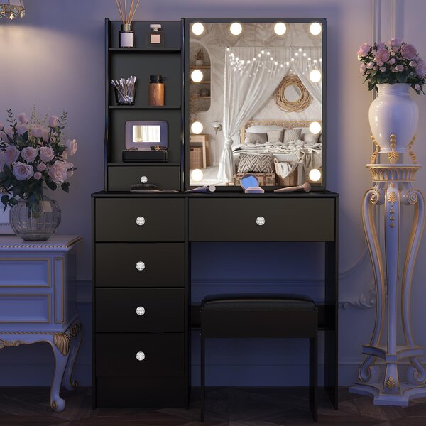 Moderní toaletní stolek - Černá barva - Materiál: MDF - Šířka: 80 cm - S LED osvětlením - Dodává se s taburetkou