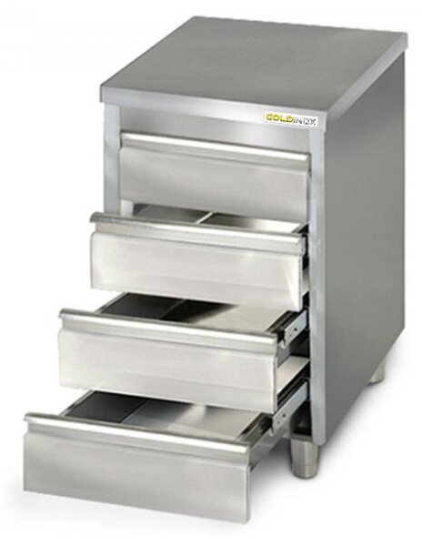 Nízká skříňka z nerezové oceli, rozměry 500 x 700 mm, s 4 zásuvkami, řada PREMIUM - GOLDINOX