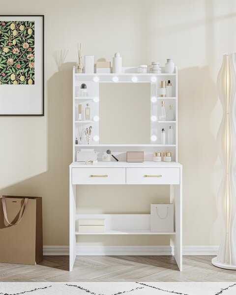 Toaletní stolek se zrcadlem - bílý - 2 zásuvky - z dřevotřískové desky - moderní, minimalistický design