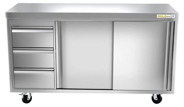 Nízká nerezová skříňka rozměrů 1400 x 600 mm se 3 zásuvkami vlevo, s kolečky, řada PREMIUM - GOLDINOX