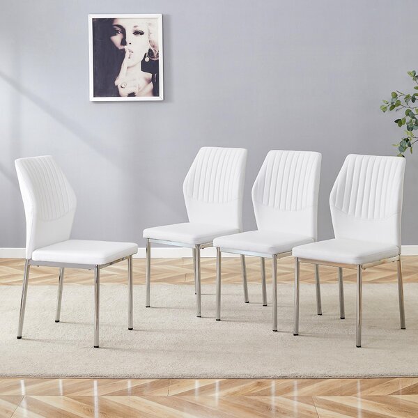 Sada čtyř jídelních židlí, opěradlo zPolyuretanmateriálu s reliéfním vzorem, kovové nohy, design "lehký luxus" (bílá + stříbrná)