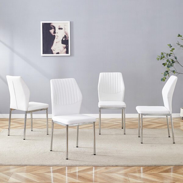 Sada čtyř jídelních židlí, opěradlo zPolyuretanmateriálu s reliéfním vzorem, kovové nohy, design "lehký luxus" (bílá + stříbrná)