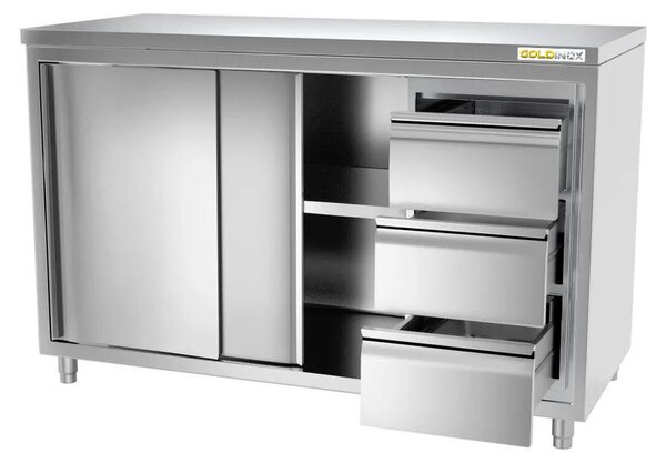 Nízká skříňka z nerezové oceli, rozměry 1800 x 600 mm, s 3 zásuvkami na pravé straně, PREMIUM - GOLDINOX