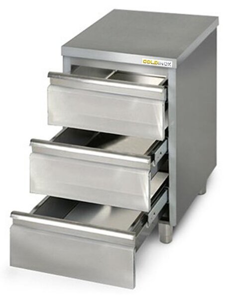 Nízká skříňka z nerezové oceli, rozměry 500 x 700 mm, s 3 zásuvkami, řada PREMIUM - GOLDINOX