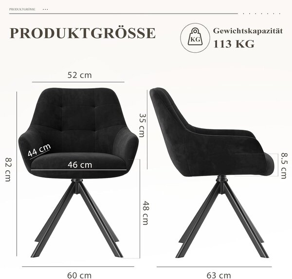 Sada dvou otočných jídelních židlí COLAMY s područkami. Otočné židle s područkami, vhodné do jídelny. Židle jsou potažené měkkou látkou