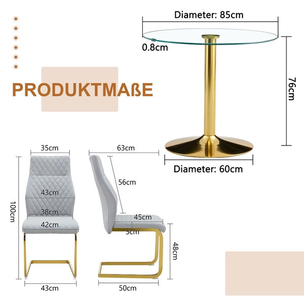 Sada stolku a židlí, skleněný stolek o průměru 85 cm, kovové nohy, 4 jídelní židle (zlatá, světle šedá, průhledná)