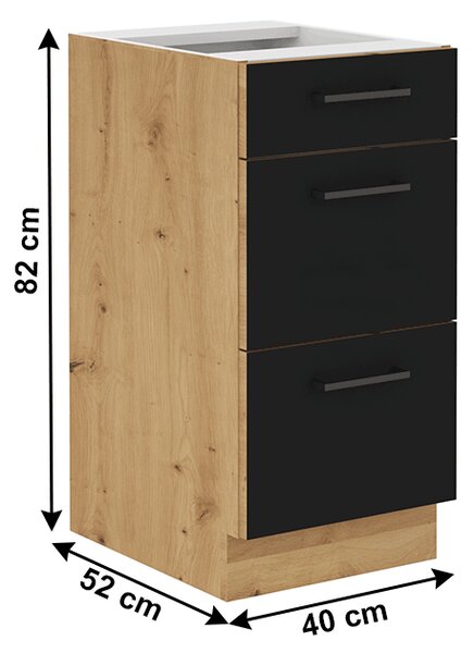 KONDELA Spodní skříňka se zásuvkami, černý mat / dub artisan, Monro 40 D 3S BB