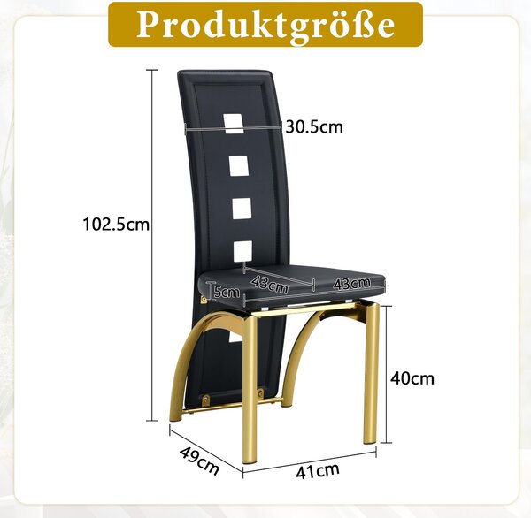 Jídelní židle, sada 4 kusů, s perforovaným vzorem, potažené umělou kůží (PU), kovové nohy, výška 102,5 cm (černá + zlatá)