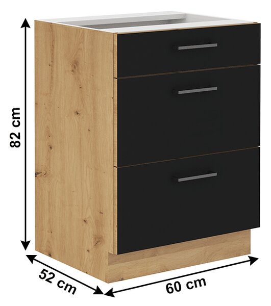 KONDELA Spodní skříňka se zásuvkami, černý mat / dub artisan, Monro 60 D 3S BB