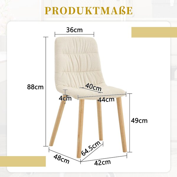Sada dvou jídelních židlí, s prošívaným sedákem, masivní dřevěné nohy, látka, výška 88 cm, skandinávský styl (bílá, dřevo)