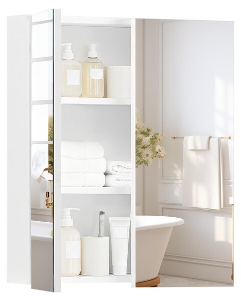 Skříňka do koupelny, zrcadlová skříňka, bílá barva - moderní design, dřevo - montáž na zeď - úsporné úložné řešení