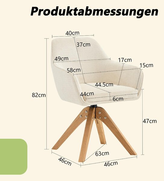 Sada dvou jídelních židlí, otočné o 360°, masivní dřevěné nohy, čalounění z látky, ergonomický design (bílá, dřevo)