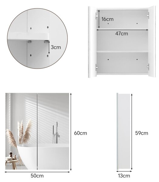 Skříňka do koupelny, zrcadlová skříňka, bílá barva - moderní design, dřevo - montáž na zeď - úsporné úložné řešení