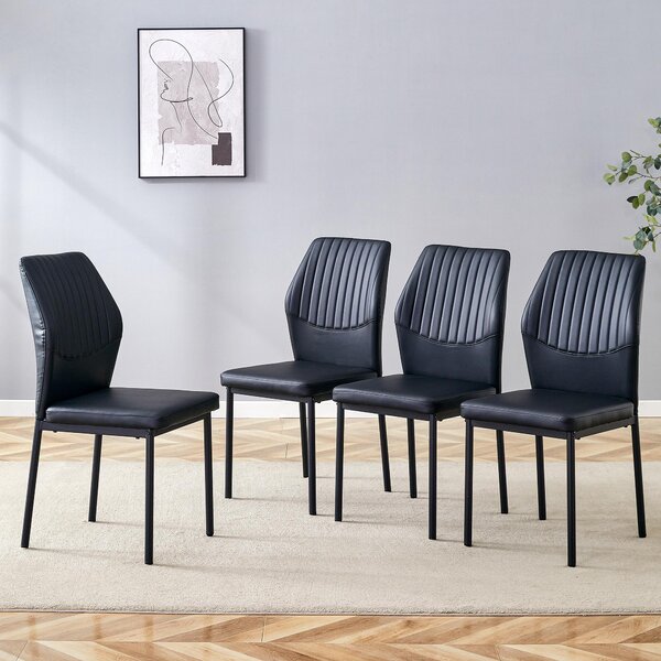 Jídelní židle, sada 4 kusů, opěradlo zPolyuretanmateriálu s reliéfním vzorem, kovové nohy, design "lehký luxus" (černá)