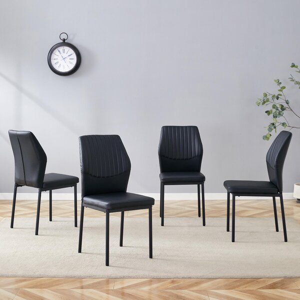 Jídelní židle, sada 4 kusů, opěradlo zPolyuretanmateriálu s reliéfním vzorem, kovové nohy, design "lehký luxus" (černá)