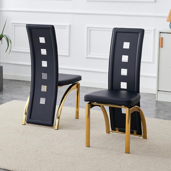 Sada dvou jídelních židlí, perforovaný design, umělá kůže (PU), kovové nohy, výška 102,5 cm, moderní styl (černá + zlatá)