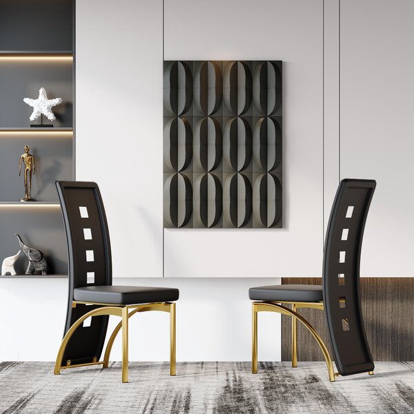 Sada dvou jídelních židlí, perforovaný design, umělá kůže (PU), kovové nohy, výška 102,5 cm, moderní styl (černá + zlatá)