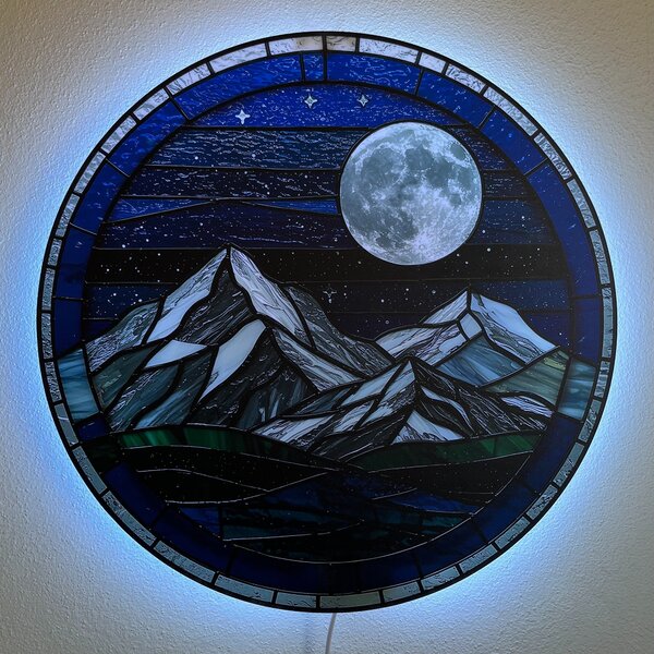 Svítící obraz - Mountain Moon - stylizovaný ze skla
