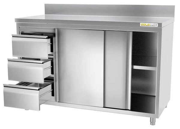 Nízká nerezová skříňka 1400 x 600 mm, bez zadní stěny, se třemi zásuvkami vlevo, PREMIUM - GOLDINOX