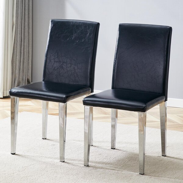 Sada dvou jídelních židlí, minimalistický design, potažené umělou kůží (PU), kovové nohy, moderní, lehký luxus (černá + stříbrná)