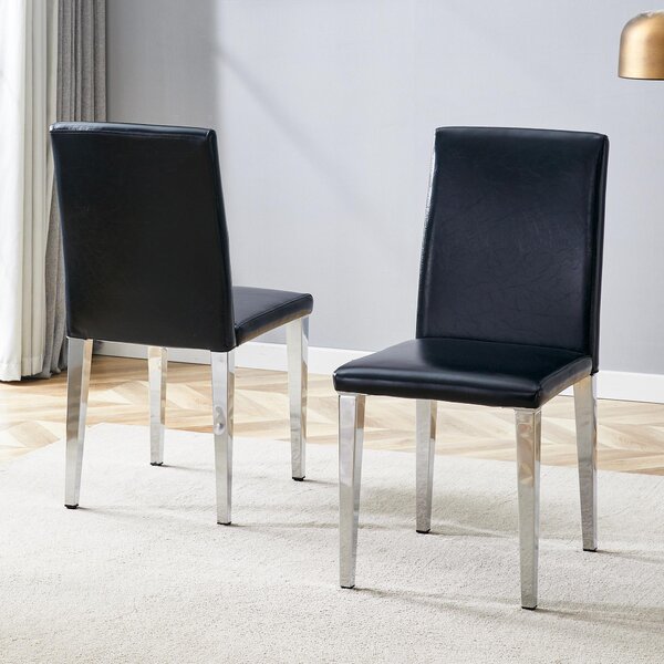 Sada dvou jídelních židlí, minimalistický design, potažené umělou kůží (PU), kovové nohy, moderní, lehký luxus (černá + stříbrná)