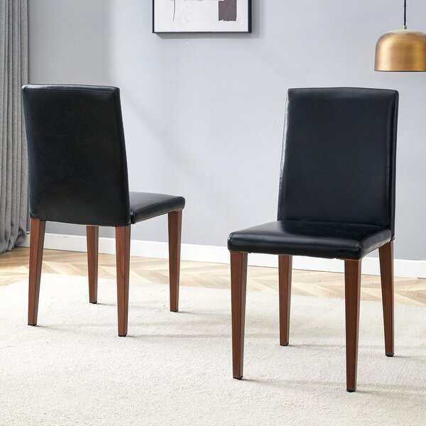 Sada dvou jídelních židlí, minimalistický design, potažené umělou kůží (PU), kovové nohy, vzhled dřeva, moderní (barva ořech + černá)