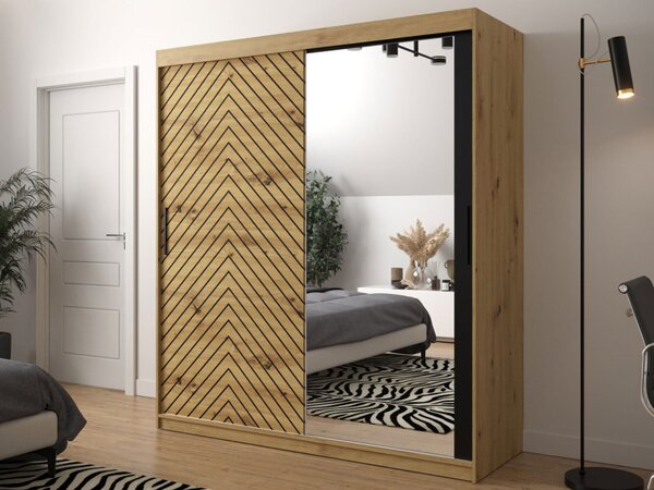 Moderní šatní skříň se zrcadlem Ratintu 2 180 cm, Úložný prostor: ne, Barva: dub artisan / dub artisan + černá Mirjan24 5903211151347
