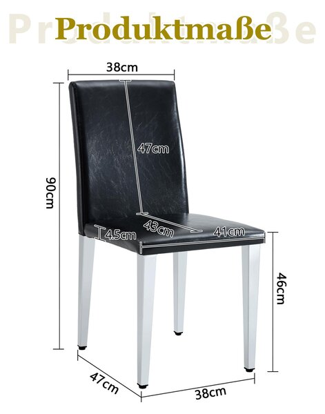 Sada čtyř jídelních židlí, minimalistický design, potažené umělou kůží (PU), kovové nohy, moderní, lehký luxus (černá + stříbrná)