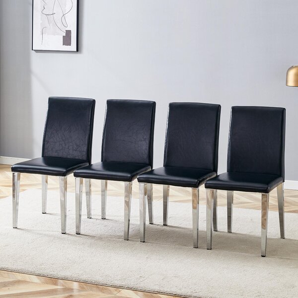 Sada čtyř jídelních židlí, minimalistický design, potažené umělou kůží (PU), kovové nohy, moderní, lehký luxus (černá + stříbrná)