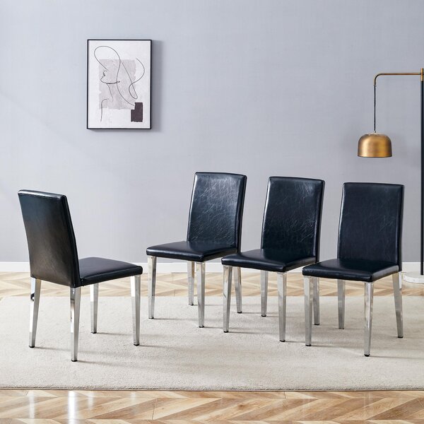 Sada čtyř jídelních židlí, minimalistický design, potažené umělou kůží (PU), kovové nohy, moderní, lehký luxus (černá + stříbrná)