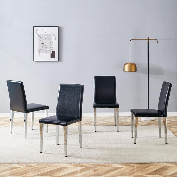 Sada čtyř jídelních židlí, minimalistický design, potažené umělou kůží (PU), kovové nohy, moderní, lehký luxus (černá + stříbrná)