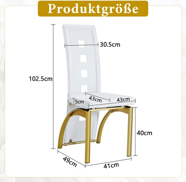 Sada čtyř jídelních židlí, s perforovaným vzorem, potažené umělou kůží (PU), s kovovými nohami, výška 102,5 cm (bílá + zlatá)