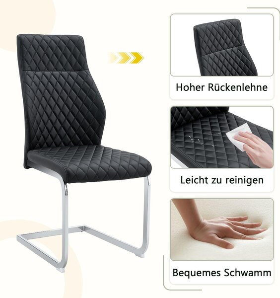Sada dvou jídelních židlí, vzor diamantů, vysoké opěradlo, polstrované sedadlo, kovový rám (černá + stříbrná)
