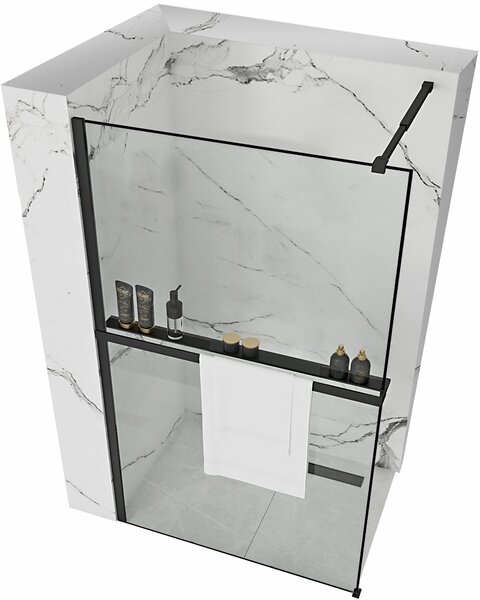 Sprchová zástěna Rea BLER 70 cm s policí a věšákem na ručníky - černá matná - čiré sklo