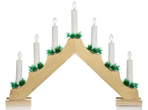 Vánoční dřevěný svícen ve tvaru pyramidy, přírodní, 7 svíček, teplá bílá