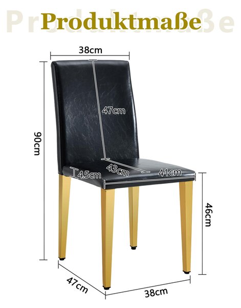 Sada čtyř jídelních židlí, minimalistický design, potažené umělou kůží (PU), kovové nohy, lehce provedení (černá + zlatá)