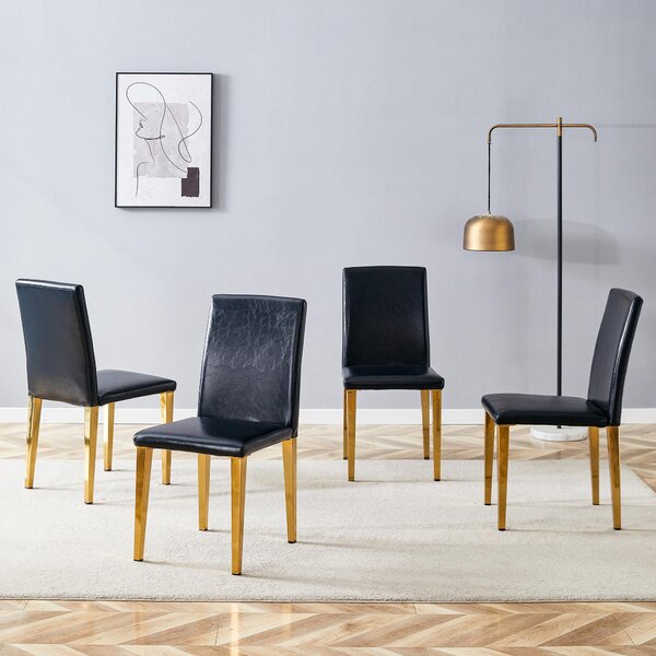 Sada čtyř jídelních židlí, minimalistický design, potažené umělou kůží (PU), kovové nohy, lehce provedení (černá + zlatá)