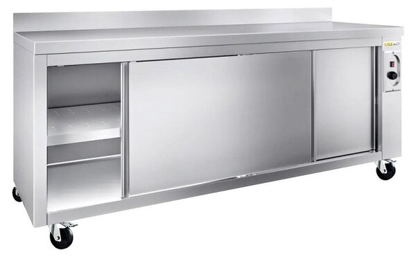 Nízká, nerezová, vyhřívaná skříňka rozměrů 1800 x 600 mm s podvozkem a kolečky – PREMIUM – GOLDINOX