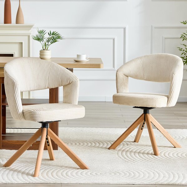 Sada dvou otočných křesel, retro design, potah Cord, masivní dřevěné nohy, 360° otočná, prohnutá opěrka (bílá, dřevo)
