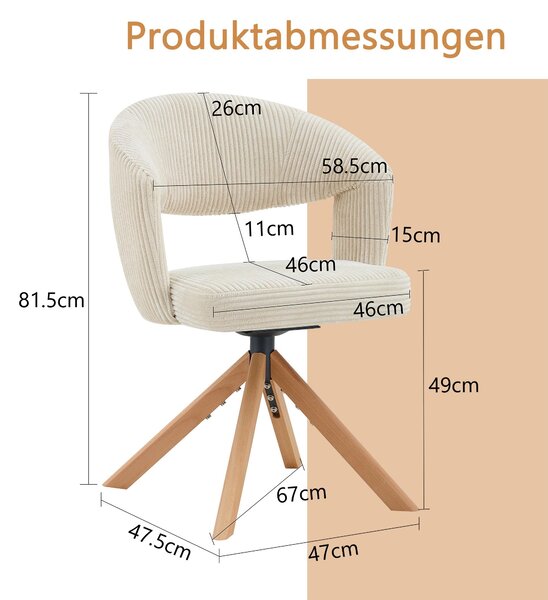 Sada dvou otočných křesel, retro design, potah Cord, masivní dřevěné nohy, 360° otočná, prohnutá opěrka (bílá, dřevo)