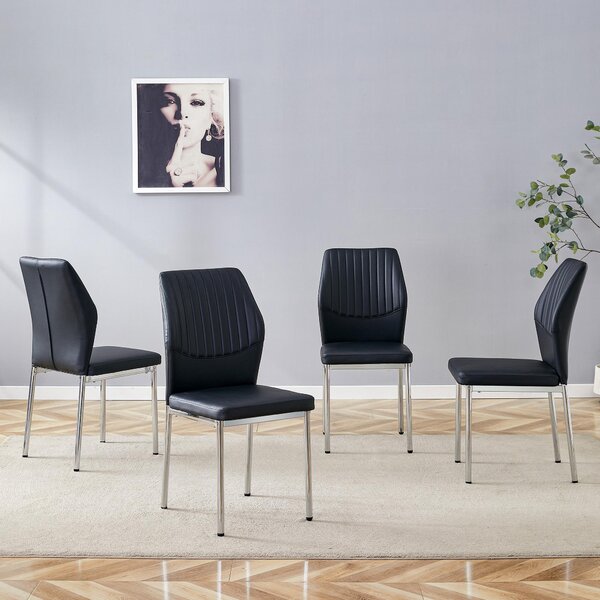 Jídelní židle, set 4 kusů, opěradlo zPolyuretanmateriálu s reliéfem, kovové nohy, design "lehký luxus" (černá + stříbrná)