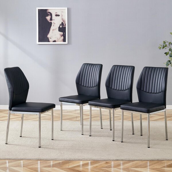Jídelní židle, set 4 kusů, opěradlo zPolyuretanmateriálu s reliéfem, kovové nohy, design "lehký luxus" (černá + stříbrná)