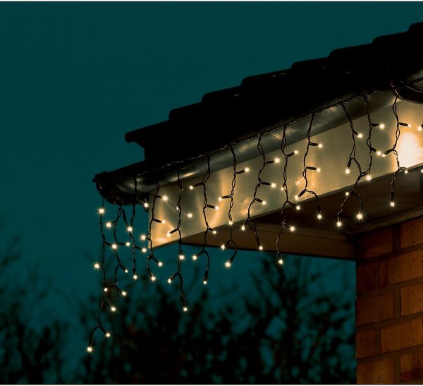 Venkovní LED vánoční závěs PROFI – 10 m, 312 LED, teplá bílá, se záblesky, silný černý kabel